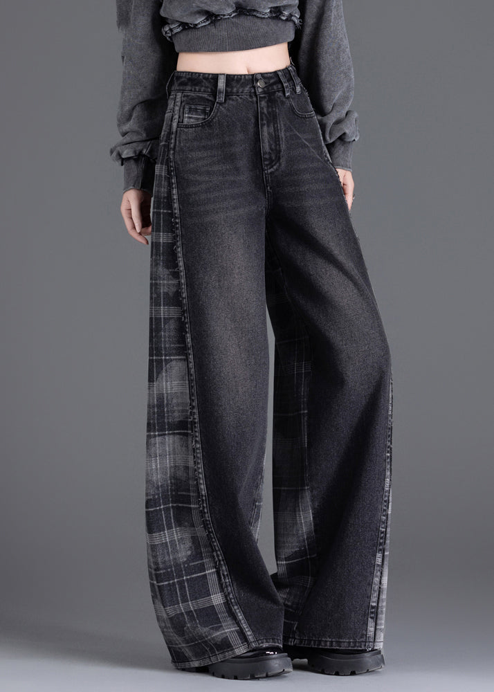 New Black Pockets Plaid Patchwork Warm Fleece Denim Pants Spring
