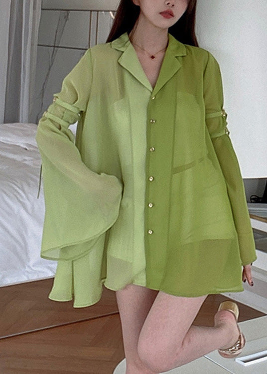 Diy Green Notched Patchwork Chiffon Shirt Spring