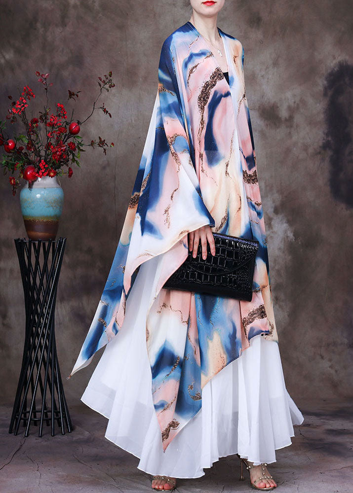 White Asymmetrical Design Tie Dye Chiffon Upf 50+ Top Batwing Sleeve