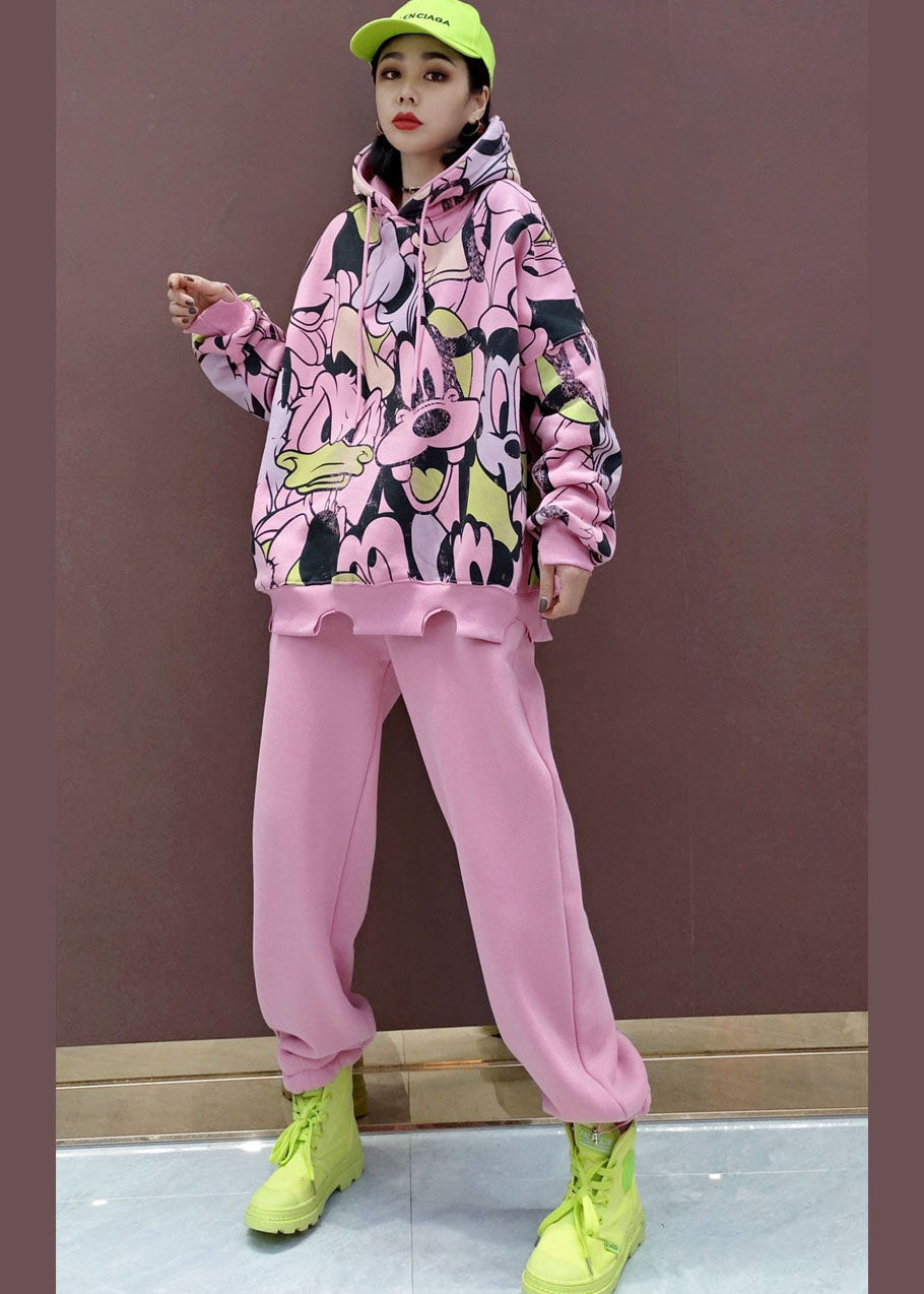 Pink Animal Print Warm Fleece Two Pieces Set Drawstring Spring