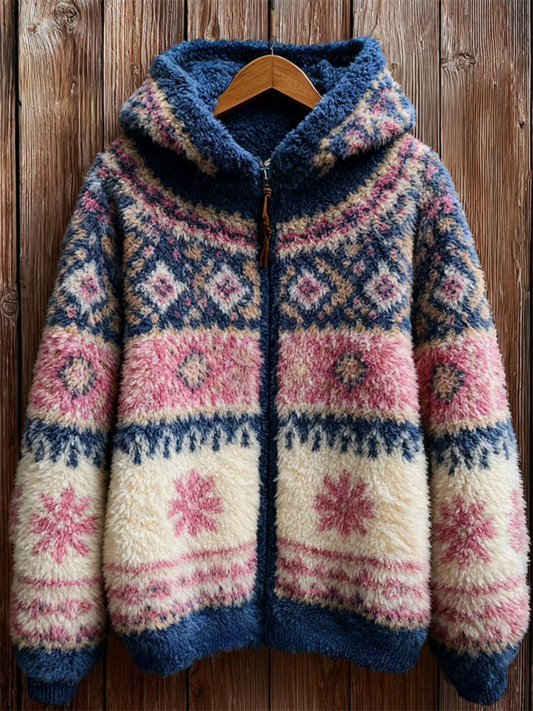 Vintage Snowflakes Contrast Isle Cozy Hooded Fleece Jacket elevenforest