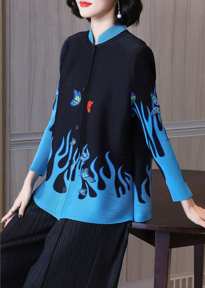 Black Stand Collar Print Button Shirt Long Sleeve