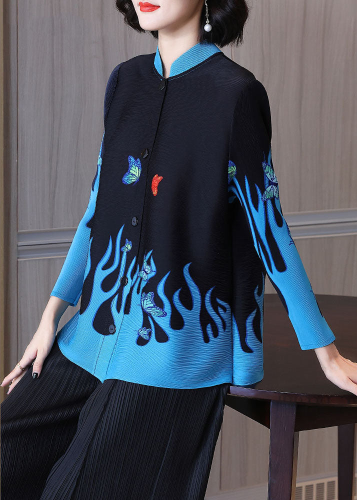 Black Stand Collar Print Button Shirt Long Sleeve
