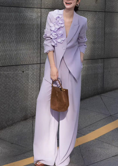 Purple Button Coat and Pants Two Pieces Set Fall