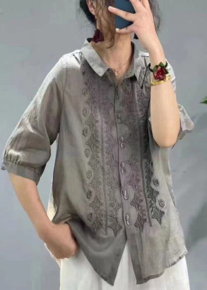 Mulberry Embroideried Slim Fit Linen Shirt Tops Half Sleeve