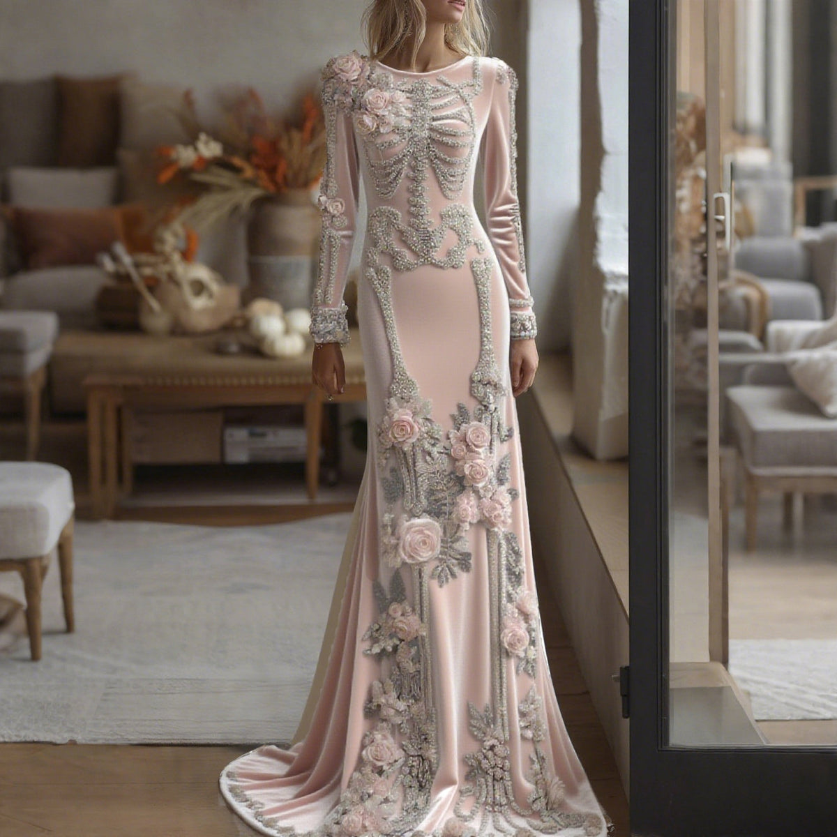 Comstylish Women's Halloween Dark Gothic Rose Skeleton Velvet Round Neck Maxi Dress
