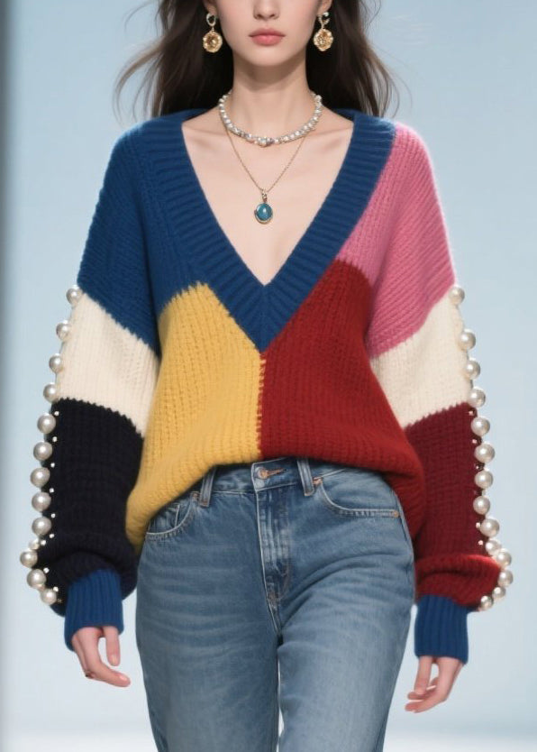 Colorblock Nail Bead Patchwork Knit Pullover Fall