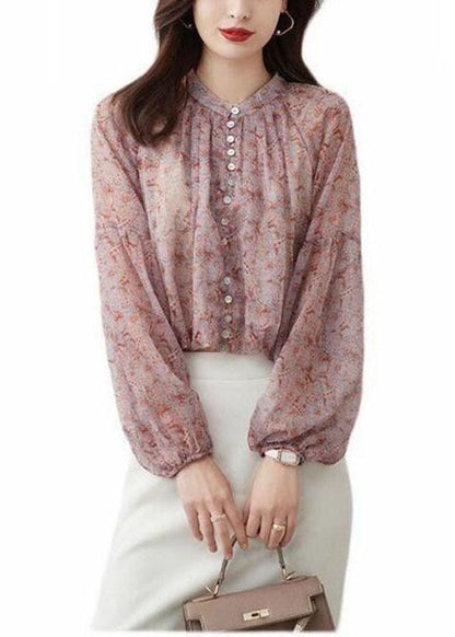 Pink Stand Collar Print Chiffon Shirt Top Lantern Sleeve