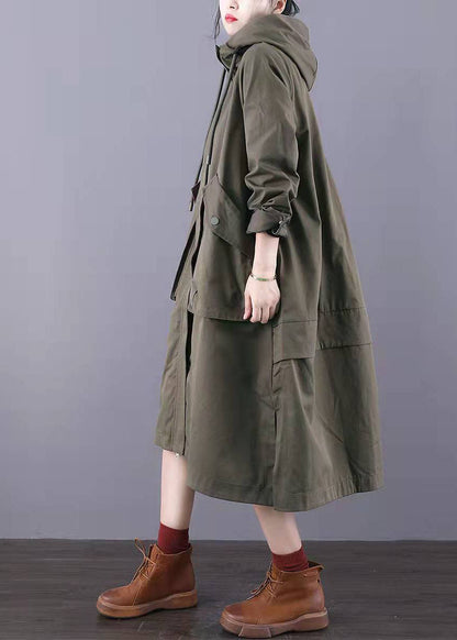 Fitted Army Green Zip Up Pockets Cotton Trench Coats Spring