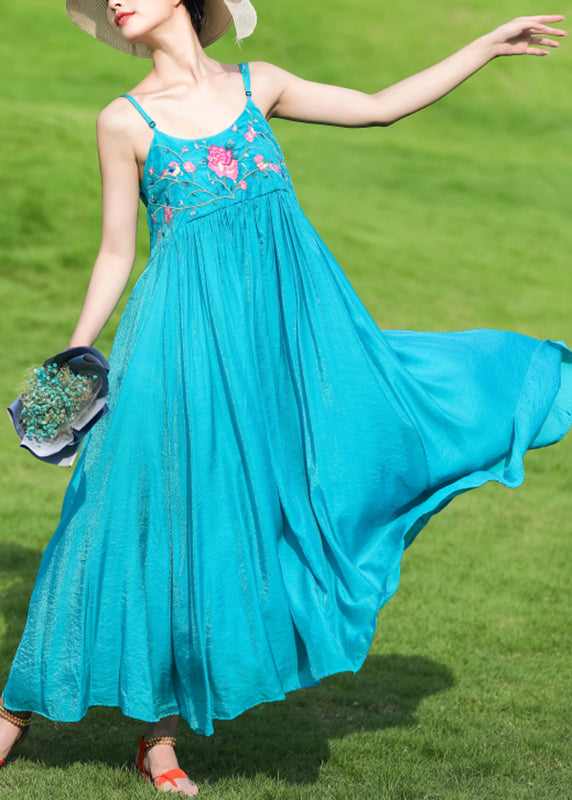 Peacock Blue Embroideried Wrinkled Cotton Spaghetti Strap Dress Summer