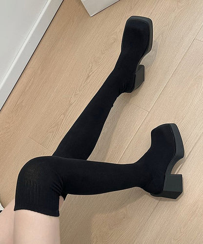 New Grey Knit Fabric Splicing Chunky Heel Knee Boots