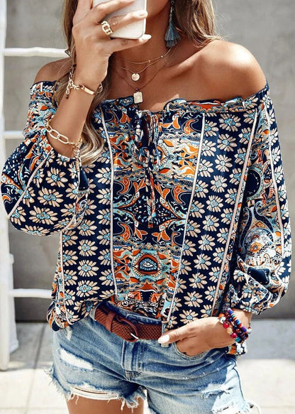 Blue Cold Shoulder Print Cotton Blouse Top Long Sleeve