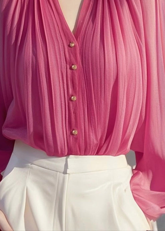 Rose Wrinkled Chiffon Shirt Lantern Sleeve
