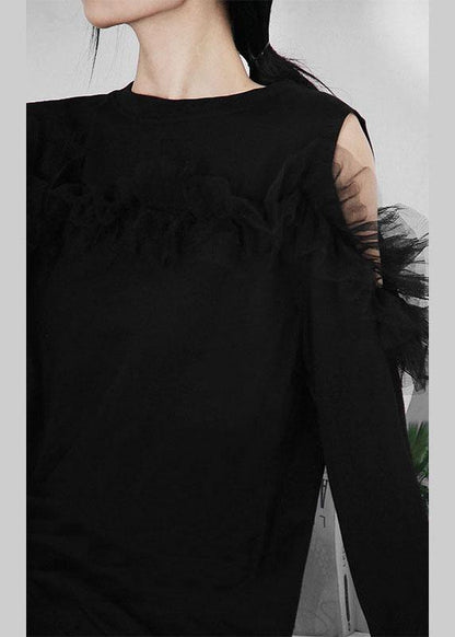 Black Patchwork Tulle Cold Shoulder Long Sleeve Pullover Sweatshirt