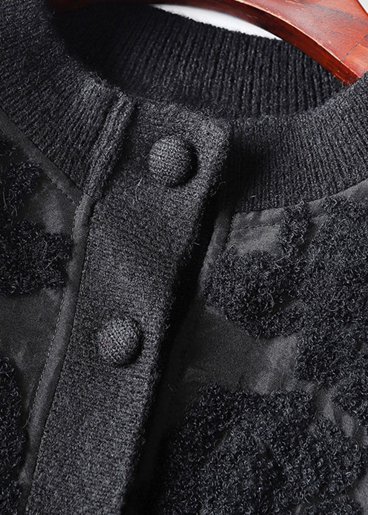 French Black O-neck Button Silk Wool Patchwork Knit Coat Long Sleeve
