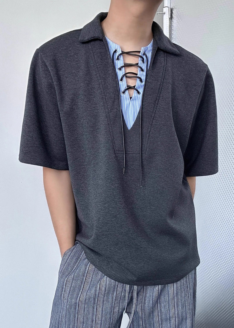 Grey Patchwork Cotton Fake Two Piece Shirt Tops Summer