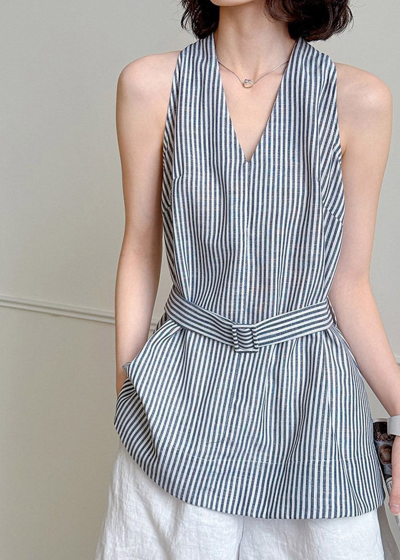 Striped V Neck Sashes Shirt Summer