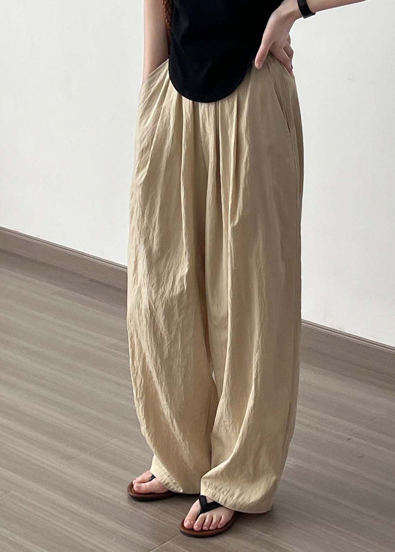 Khaki High Waist Wrinkled Cotton Wide Leg Pants Fall