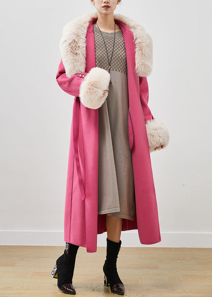 Pink Silm Fit Woolen Coat Outwear Fur Collar Tie Waist Fall