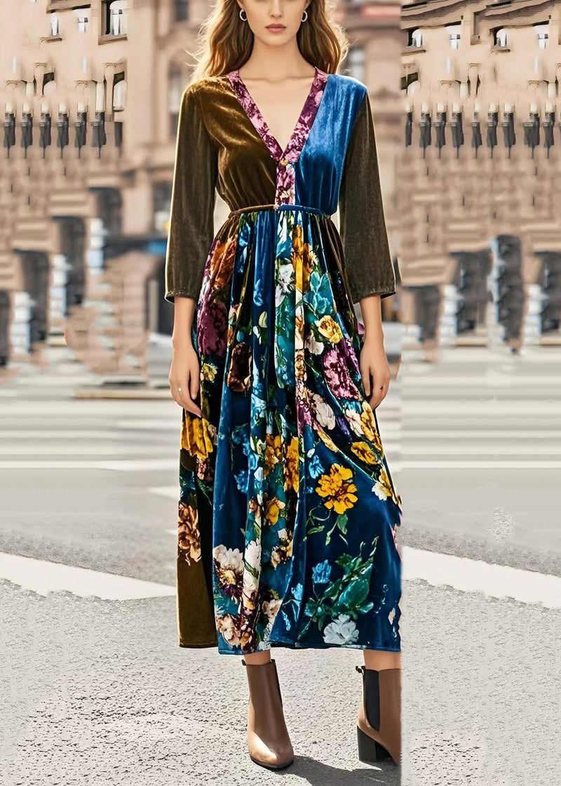 Silm Fit V Neck Patchwork Print Silk Velour Cinched Dresses Spring