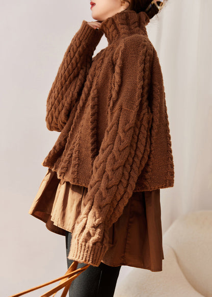 Style Beige Hign Neck False Two Pieces Knit Sweaters Winter