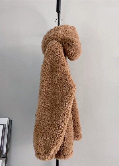 Style Coffee Zippered Wool Hoodie Coat Winter