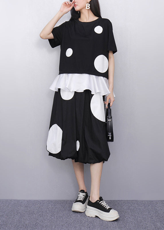 Black O-neck Dot Top and Skirts Two Pieces Set Short Sleeve