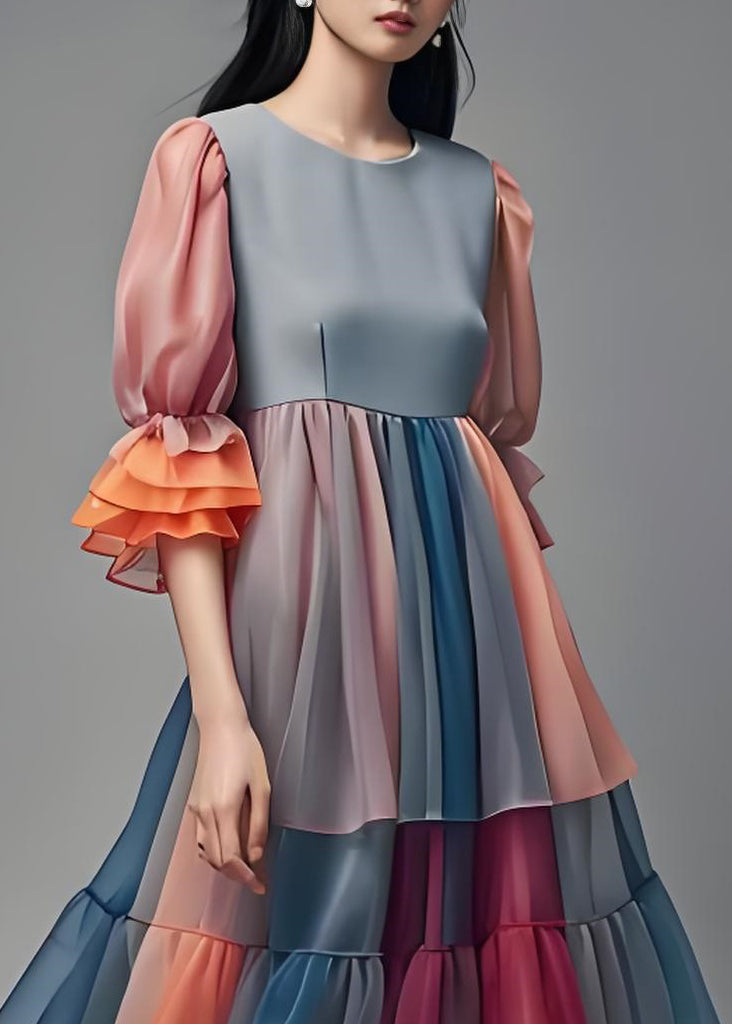Colorblock Ruffled Patchwork Chiffon Dress Summer