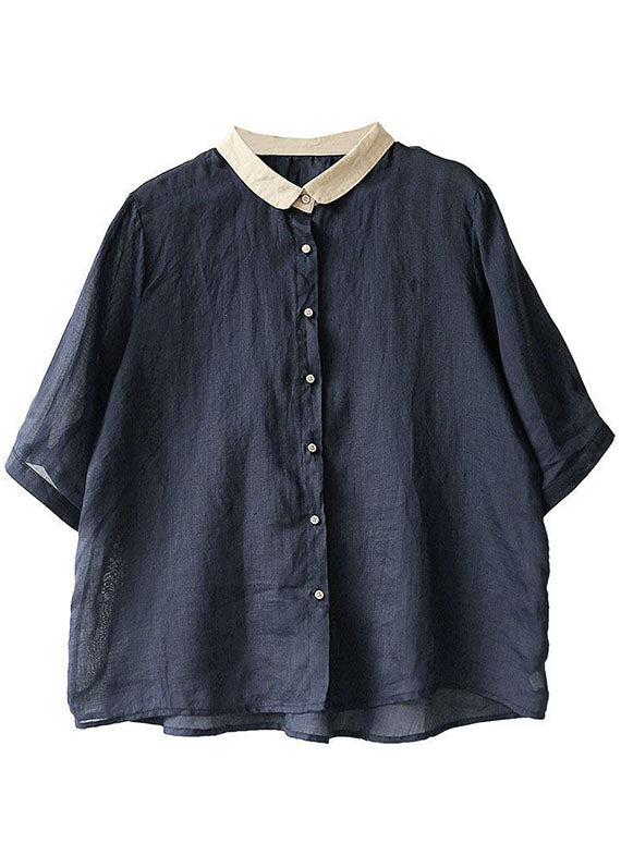 Navy Peter Pan Collar Button Loose Fall Half Sleeve Shirt Tops