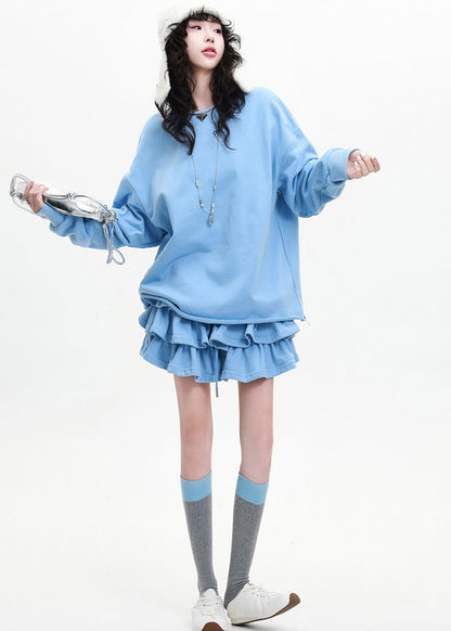 Fine Blue Layered Ruffled Cotton Tops and Skirts Two Pieces Set Spring