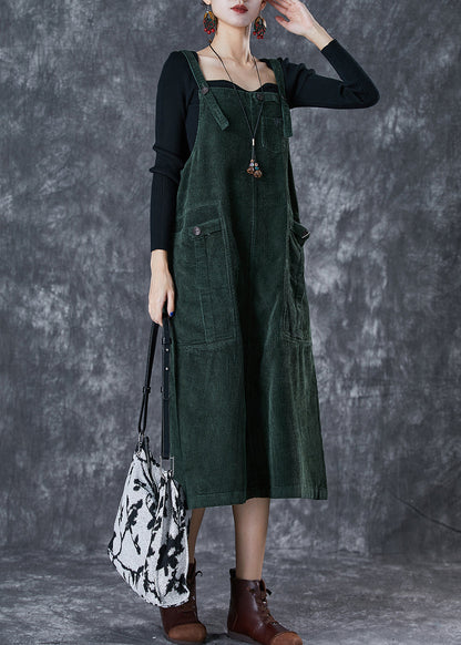Blackish Green Oversized Pockets Corduroy Strap Dress Fall