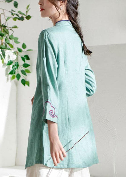 Natural Green Embroideried Button Spring Summer Linen Tops