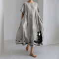 Comstylish Stretching Cat & Paw Prints Embroidered Linen Blend Maxi Dress
