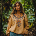 Retro Floral Tribal Embroidery Art Cotton And Linen Blend Loose Blouse artswardrobe