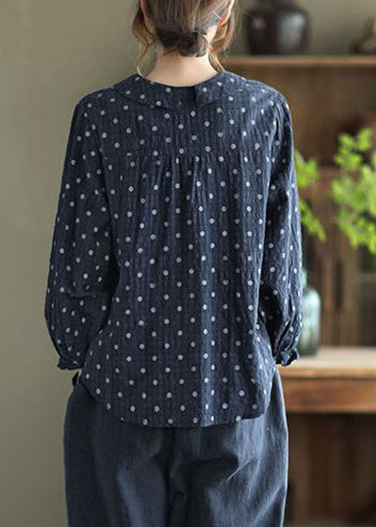 Navy Button Peter Pan Collar Dot Print Shirt Top Lantern Sleeve Fall