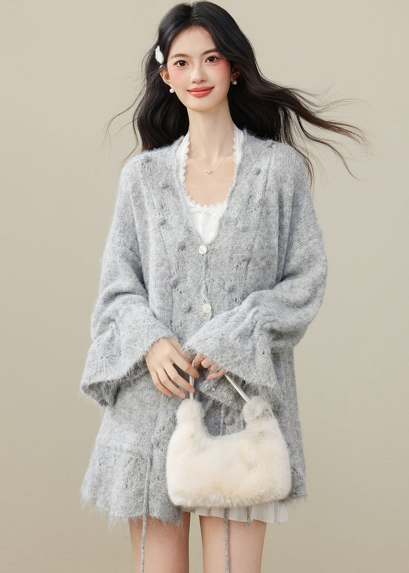 Grey Fuzzy Ball Decorated Drawstring Knit Cardigan Spring
