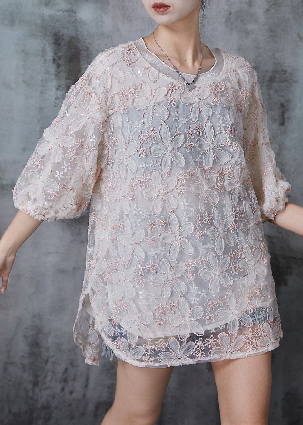 Light Pink Embroideried Tulle Tanks Summer