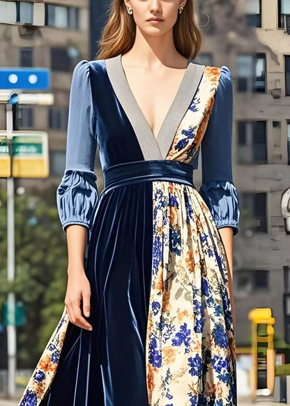 Print Patchwork Exra Large Hem Silk Velour Long Dresses Spring