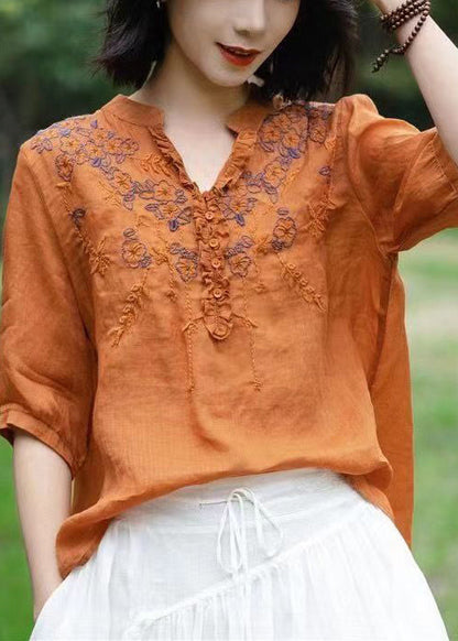 Unique Blue V Neck Embroideried Patchwork Linen T Shirts Half Sleeve