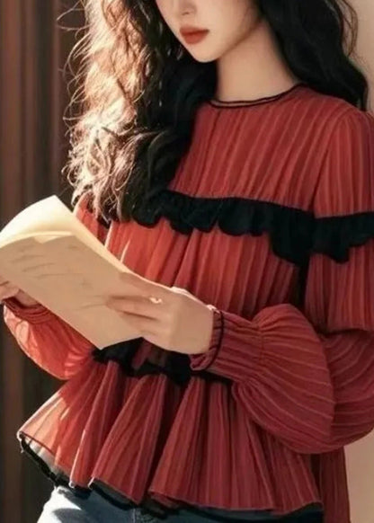 Red Ruffled Patchwork Chiffon Shirts Fall