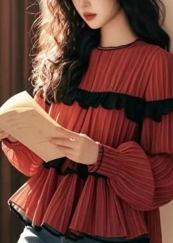 Red Ruffled Patchwork Chiffon Shirts Fall