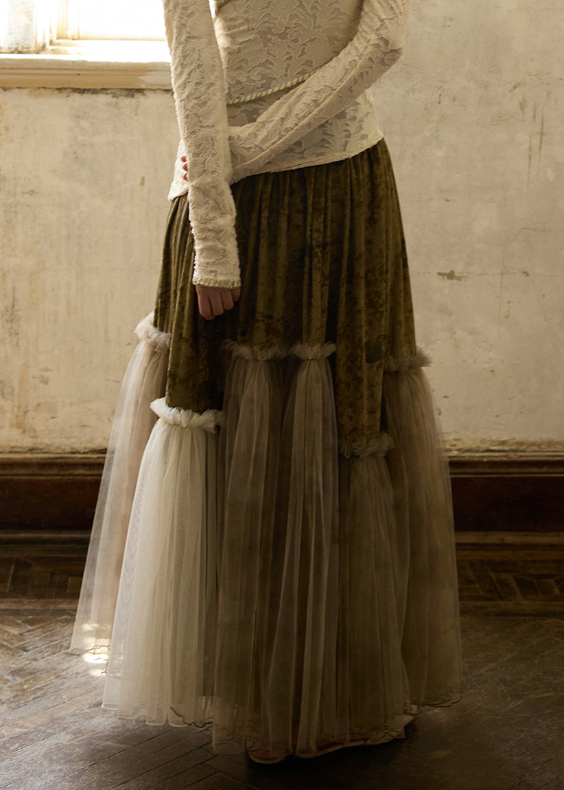 Green Ruffled Elastic Waist Tulle Patchwork Silk Velvet Skirts Winter