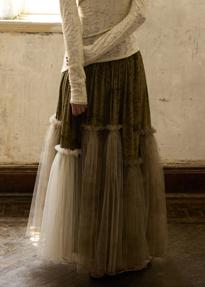 Green Ruffled Elastic Waist Tulle Patchwork Silk Velvet Skirts Winter