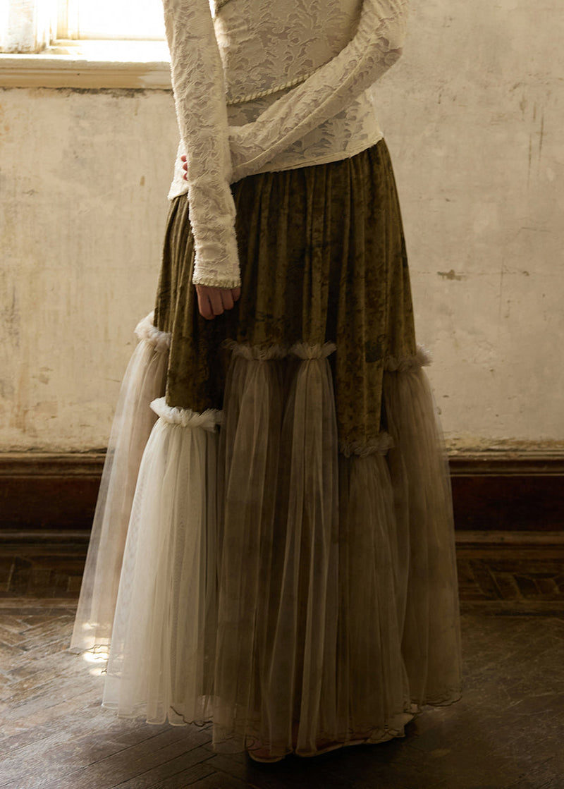 Green Ruffled Elastic Waist Tulle Patchwork Silk Velvet Skirts Winter