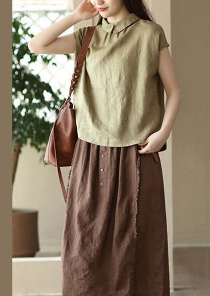 Khaki Patchwork Linen Shirts Wear on Both Sides Button Summer