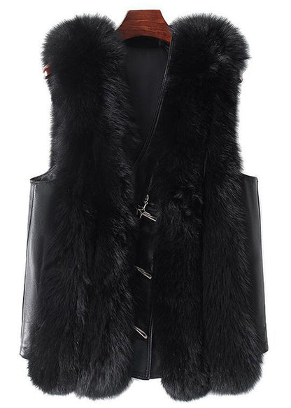 New Black Fox Collar Button Patchwork Leather and Fur Waistcoat Sleeveless