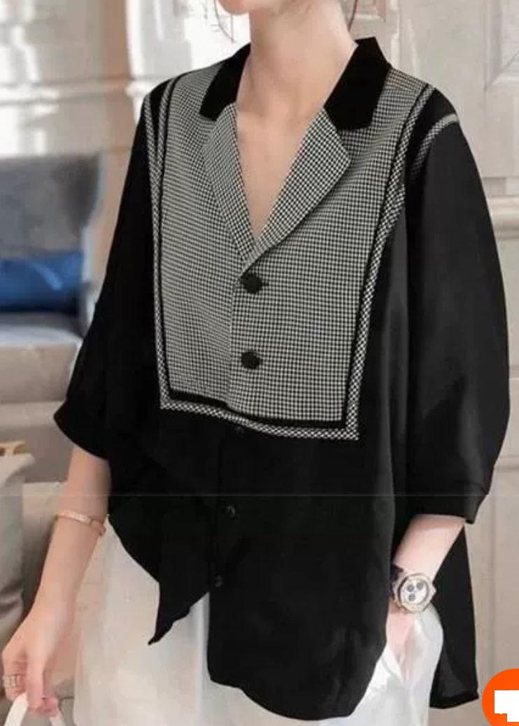 Black Peter Pan Collar Plaid Patchwork Shirt Top Three Quarter Sleeve