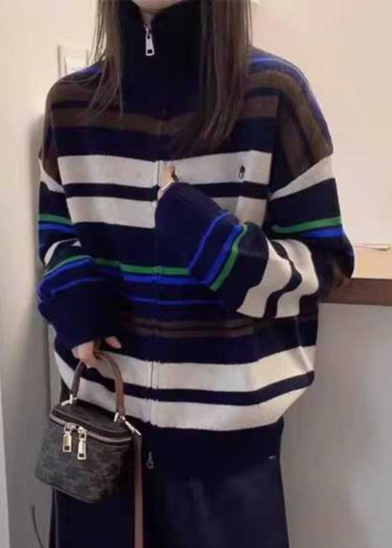 White Striped Patchwork Zippered Cotton Knit Sweaters Fall