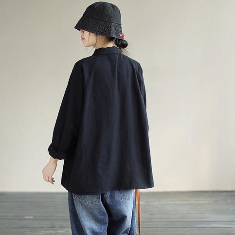 Modern Lapel Pockets Spring Clothes Pattern Black Blouses