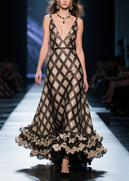 Black Deep-v Neck Plaid Silk Evening Dress Summer